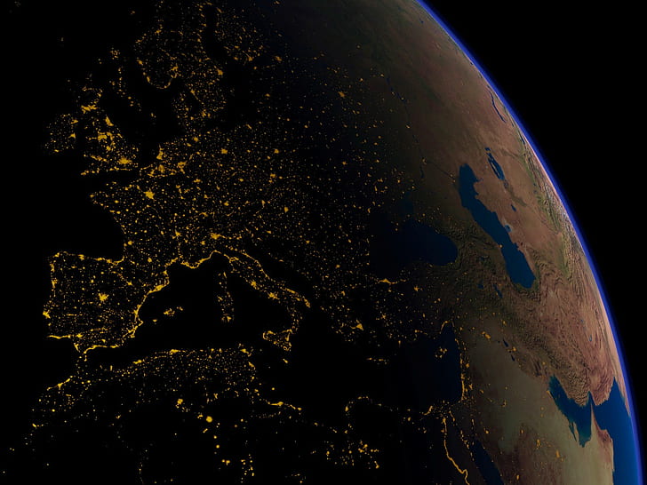 космос, Земля, Европа, огни, HD обои