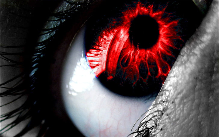 black and red eye artwork, eye, light, lashes, red, HD wallpaper