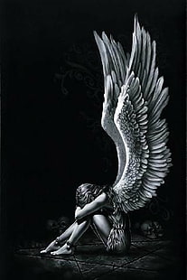 Один, ангел, чёрный, фэнтези, девушка, свет, белый, крылья, HD обои HD wallpaper