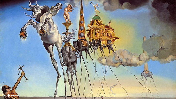 carta da parati animazione cavallo ed elefante, Salvador Dalí, pittura, fantasy art, teschio, guerra, orologi, tempo, surreale, arte classica, Sfondo HD