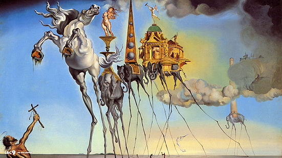 pferd und elefant animation wallpaper, Salvador Dalí, malerei, fantasiekunst, schädel, krieg, uhren, zeit, surreal, klassische kunst, HD-Hintergrundbild HD wallpaper