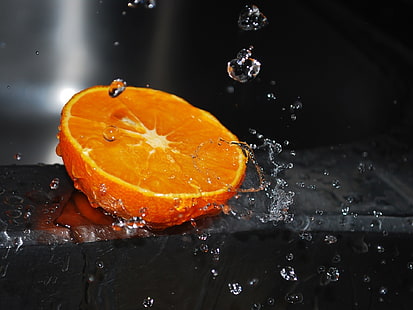портокал, цитрусови плодове, капки вода, плодове, храна, вода, HD тапет HD wallpaper