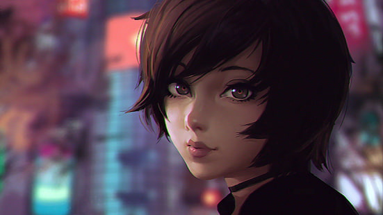 short black-haired female anime character, Ilya Kuvshinov, HD wallpaper HD wallpaper