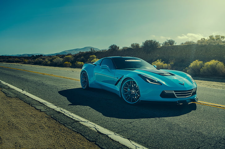 синий Chevrolet Corvette Z06, forgiato, корвет, chevrolet, синий, вид сбоку, HD обои