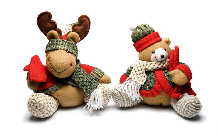 Teddy Bear and Reindeer Toy, deer, toys, funny toys, background, HD wallpaper