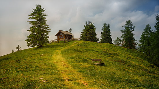 hillside, hill, cottage, bench, grass, trees, hut, landscape, path, mountain trail, trail, HD wallpaper HD wallpaper