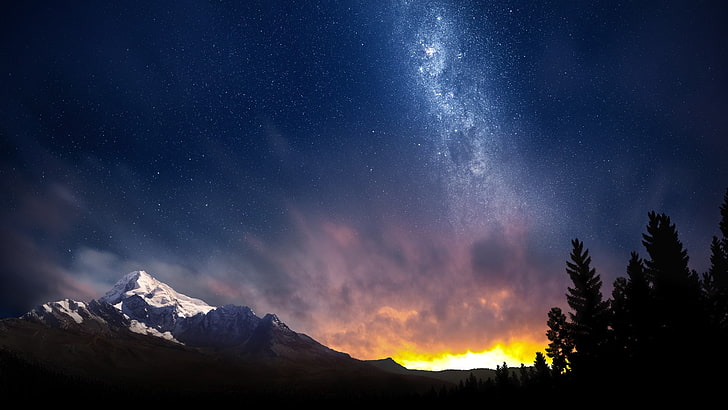 силуэт деревьев и гор во время золотого часа в пейзажной фотографии, пейзаж, горы, звезды, Млечный путь, закат, HD обои
