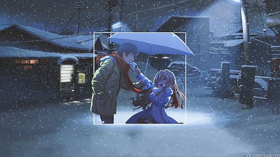 anime, anime girls, obraz w obrazie, śnieg, chłopcy z anime, parasol, urban, Tapety HD HD wallpaper