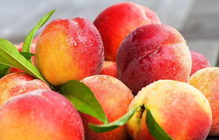 bunch of red apples, peaches, nectarines, leaves, HD wallpaper
