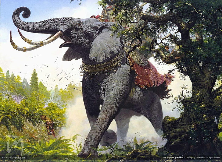 فيل رمادي يعبر شجرة خضراء ونباتات ورق الجدران ، Oliphaunts ، سيد الخواتم ، تيد ناسميث ، فن الخيال ، ميدل إيرث، خلفية HD