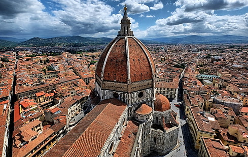 brown concrete cathedral, the sky, clouds, home, Italy, panorama, Florence, street, quarter, Duomo, the Cathedral of Santa Maria del Fiore, view from the bell tower of Giotto, HD wallpaper HD wallpaper