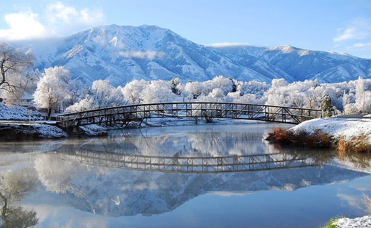 Красивая зимняя сцена, черный металлический мост, сезоны, зима, красивая, сцена, HD обои