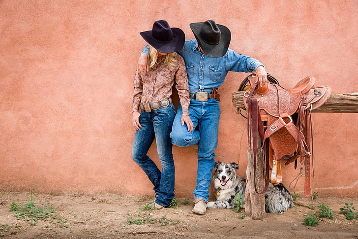 woman, dog, man, cowboys, saddle, HD wallpaper