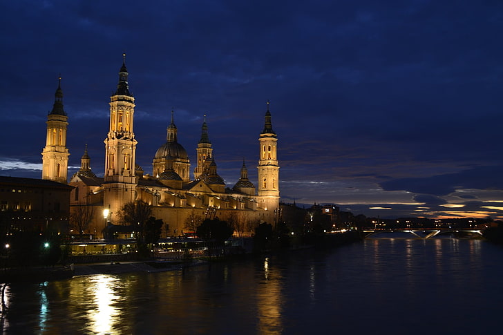 종교, 대성당, 기둥의 성모 성당, 기념물, 밤, 강, 스페인, HD 배경 화면