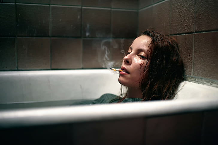 women, smoking, bathtub, HD wallpaper