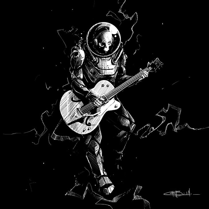 esqueleto, guitarra, bw, guitarrista, traje espacial, arte, Fondo de pantalla HD