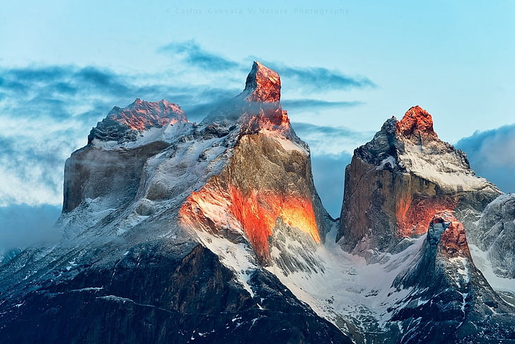 gunung coklat, alam, lanskap, pegunungan, puncak bersalju, puncak, sinar matahari, Torres del Paine, taman nasional, Chili, Wallpaper HD