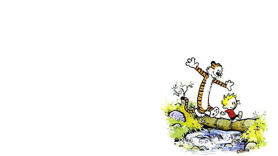 tiger and boy on tree illustration, comics, Calvin and Hobbes, white background, HD wallpaper HD wallpaper