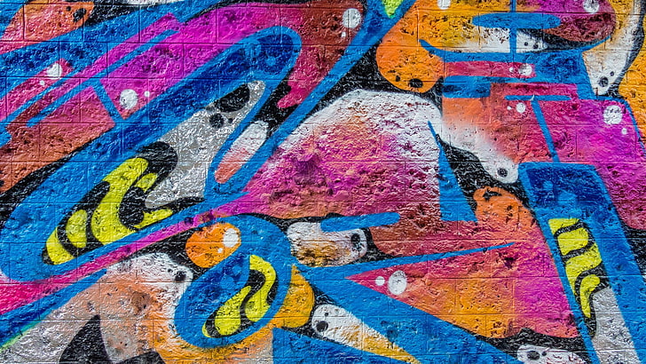 синий, красный и желтый цветочный коврик, произведения искусства, граффити, стена, кирпичи, аннотация, красочные, HD обои