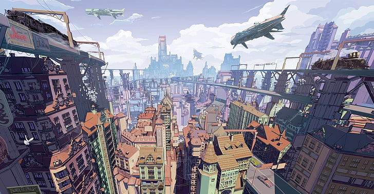 city buildings and plane digital artwork, science fiction, HD wallpaper