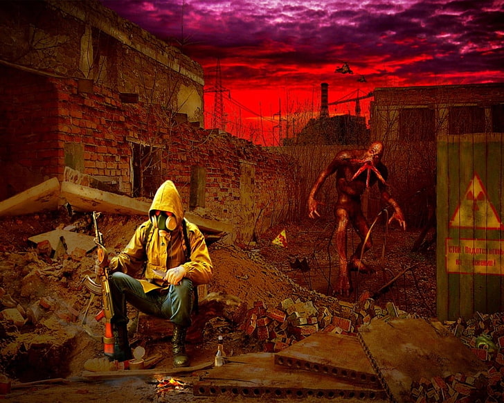 Pria yang duduk di atas batu memegang senapan di samping monster digital wallpaper, video game, S.T.L.K.E.R., Wallpaper HD