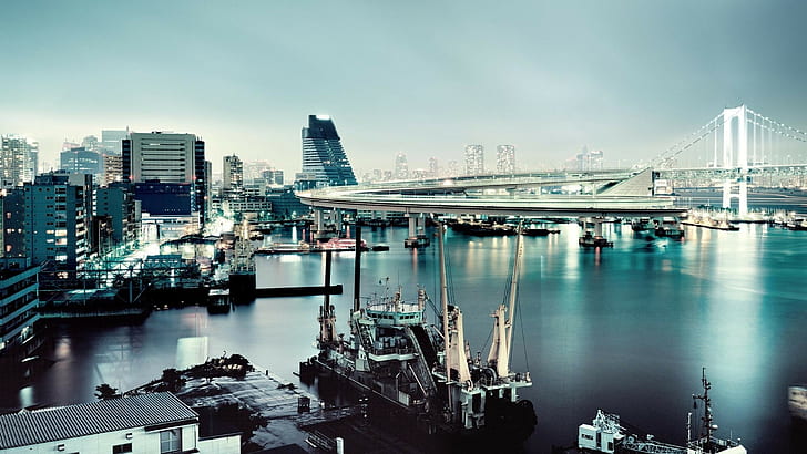 都市、港、東京、橋、船、船、都市の景観、 HDデスクトップの壁紙