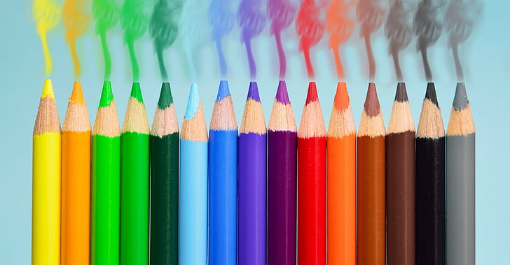 Синий, красочный, зеленый, оранжевый, ручки, дым, желтый, HD обои