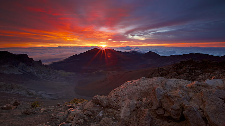 puncak gunung, alam, lanskap, matahari terbenam, gunung, awan, Wallpaper HD