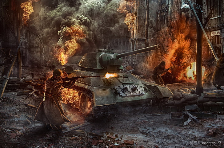 fogo, guerra, URSS, tanque, Pavel Bondarenko, Stalingrado, Batalha de Stalingrado, HD papel de parede