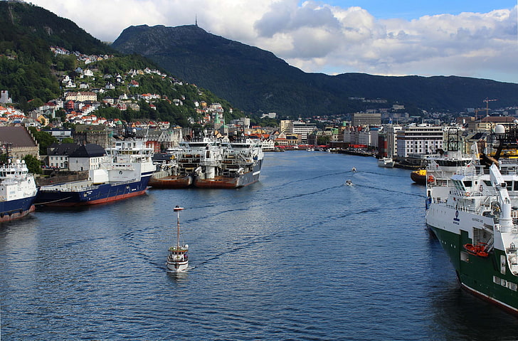 bay, bergen, entry, fjord, industrial, norway, port, seven mountains, ships, HD wallpaper