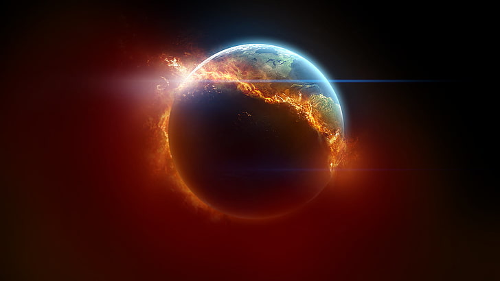 blauer und roter Planet, Planet, Feuer, Raumkunst, Steigung, Erde, brennend, apokalyptisch, digitale Kunst, HD-Hintergrundbild
