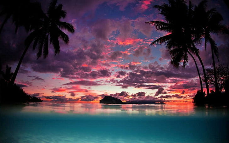 landscape nature tahiti sunset palm trees island beach sea tropical sky clouds turquoise water, HD wallpaper