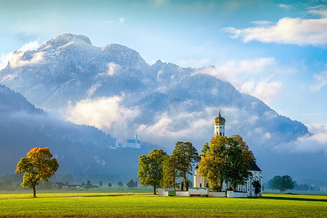 trees, mountains, castle, Germany, Bayern, Alps, Church, Bavaria, Neuschwanstein Castle, Schwangau, Saint Coloman, Church Of The Holy Kalman, HD wallpaper HD wallpaper