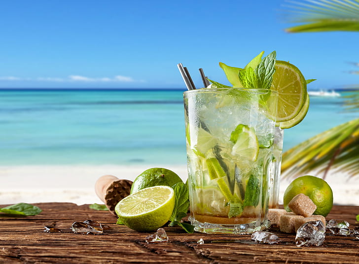 коктейль, лето, пляж, свежий, море, рай, напиток, лайм, мохито, отпуск, мята, тропический, HD обои