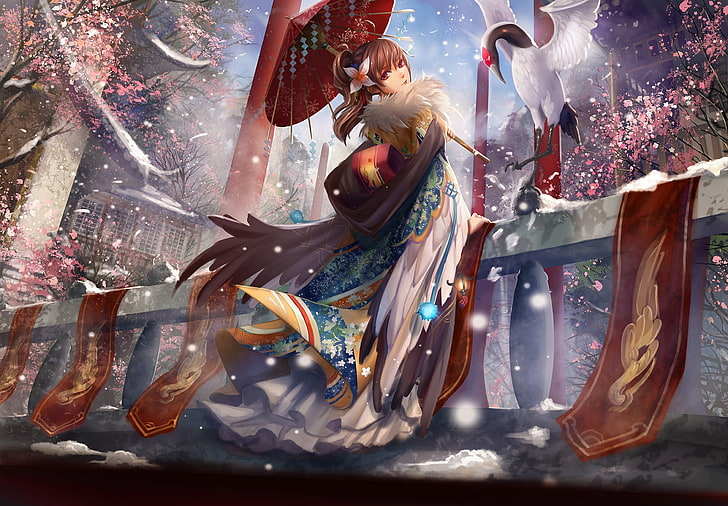 illustration de personnage d'anime féminin, filles anime, vêtements japonais, parapluie japonais, fleur de cerisier, oiseaux, kimono, personnages originaux, Fond d'écran HD
