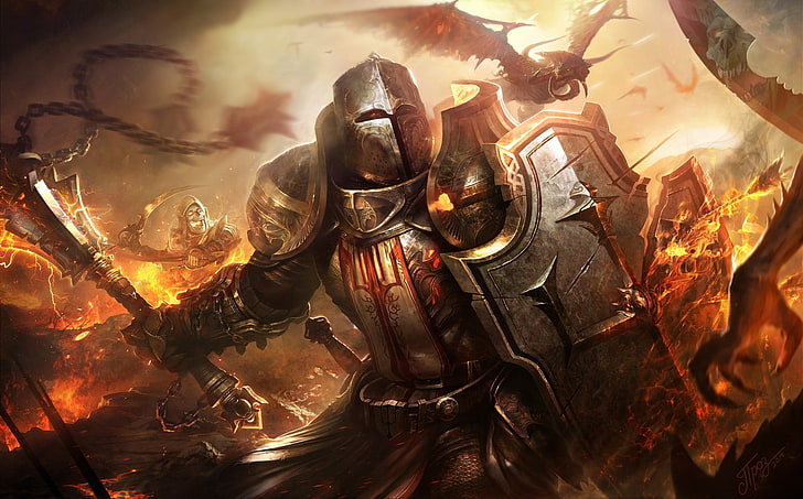 person wearing armor illustration, fantasy art, Diablo III, crusaders, video games, warrior, raven, HD wallpaper