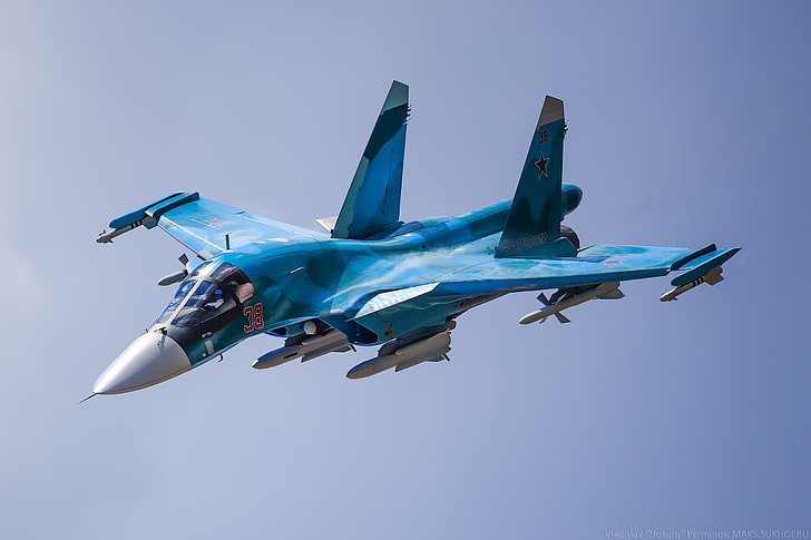 青いジェット戦闘機、航空機、軍用機、スホーイSu-34、ロシア軍、軍、 HDデスクトップの壁紙