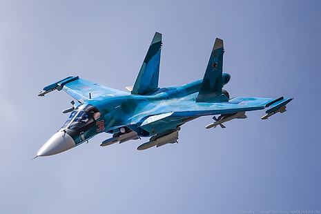 青いジェット戦闘機、航空機、軍用機、スホーイSu-34、ロシア軍、軍、 HDデスクトップの壁紙 HD wallpaper