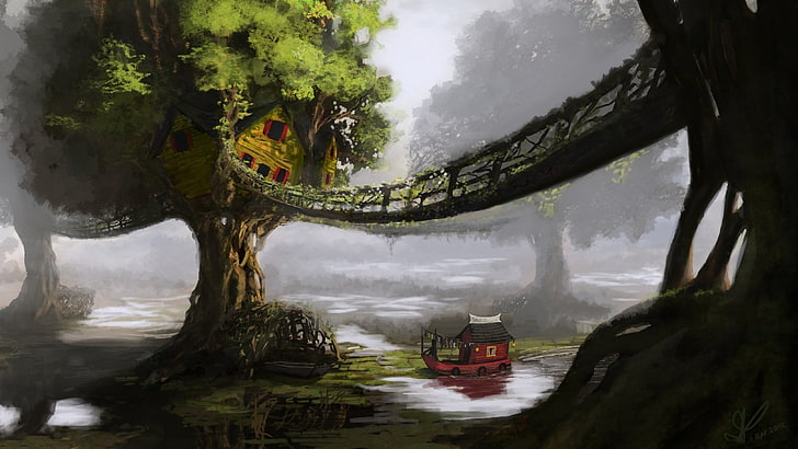 puente colgante sobre vehículo rojo y pintura de campo verde, arte de fantasía, obras de arte, arte digital, naturaleza, árboles, puente, casa, agua, barco, Fondo de pantalla HD