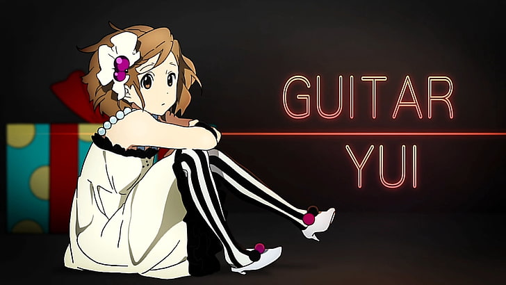 Guitar Yui, dziewczyna, k-on, brunetka, postawa, tło, Tapety HD