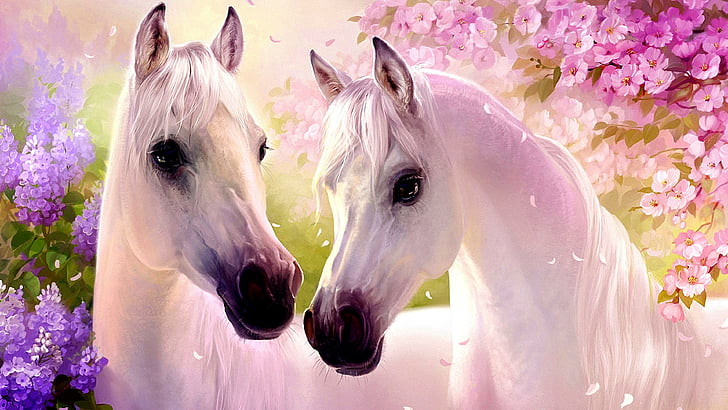 horses, horse, white horse, spring, flower, artwork, mammal, mane, flowering plant, art, HD wallpaper