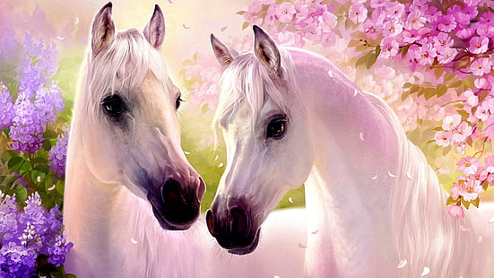 cavalos, cavalo, cavalo branco, primavera, flor, obra de arte, mamífero, juba, planta de florescência, arte, HD papel de parede HD wallpaper