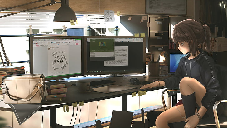 personagem de anime menina sentada na cadeira na frente da mesa com monitores de computador, anime, meninas anime, manga, computador, Photoshop, sombrio, HD papel de parede