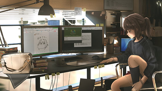 момиче аниме герой, седнал на стола пред масата с компютърни монитори, аниме, аниме момичета, манга, компютър, фотошоп, мрачен, HD тапет HD wallpaper