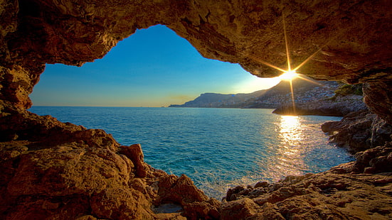 grotta marrone, mare, grotta, natura, raggi del sole, Sfondo HD HD wallpaper