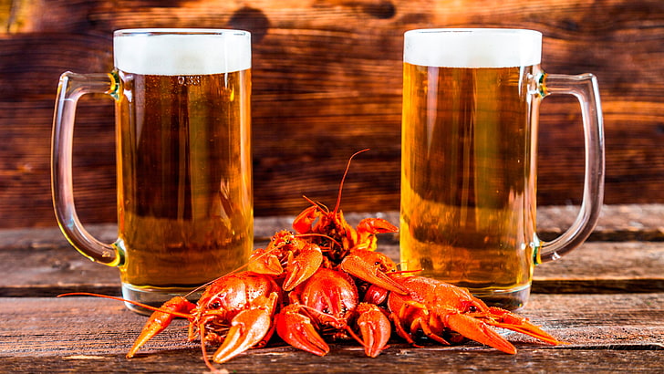 drink, crayfish, beer, food, beer mug, mug, crawfish, HD wallpaper