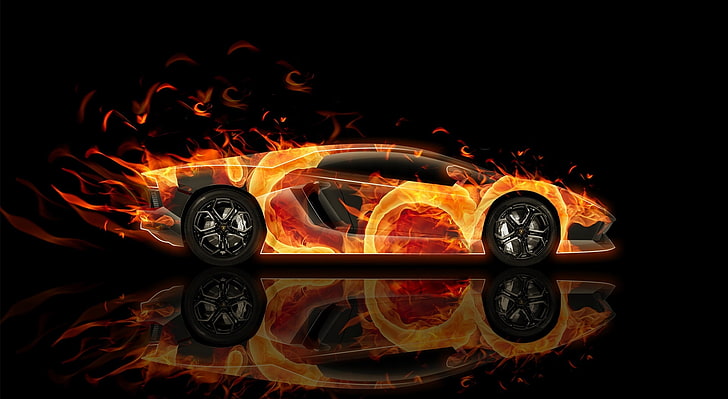Lamborghini Aventador, Lamborghini z tapetą z efektami ognia, Żywioły, Ogień, Tapety HD