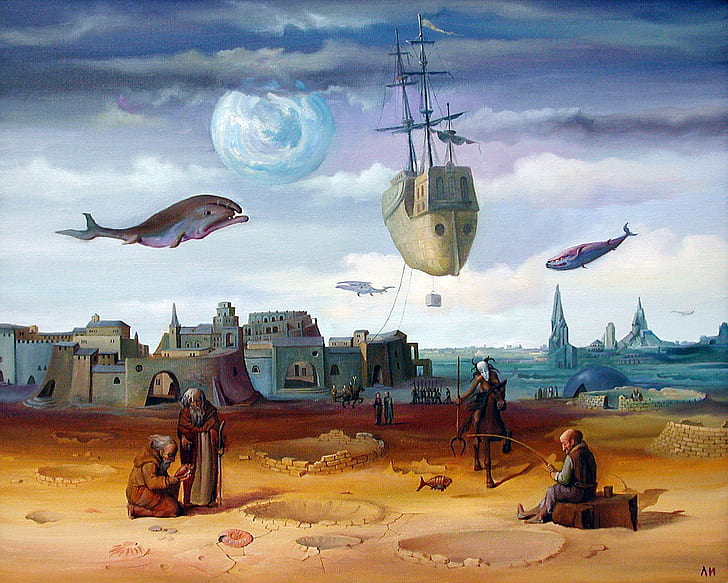 град, рибари, китове, сюрреализъм, летящ кораб, Мечти за риболов, Лазарев И. А, HD тапет