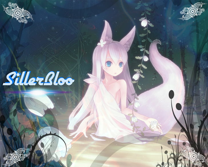 Anime, Tierohren, Schwanz, Sumpf, blaue Augen, langes Haar, Kitsunemimi, originelle Charaktere, Fuchsmädchen, HD-Hintergrundbild