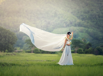 Asian Bride White Dress, Asia, Thailand, Travel, Nature, Girl, People, Happy, Love, Woman, Tropical, Young, Wind, Photography, Veil, Outdoors, Wedding, bride, Vacation, Dress, Marriage, visit, tourism, HD wallpaper HD wallpaper